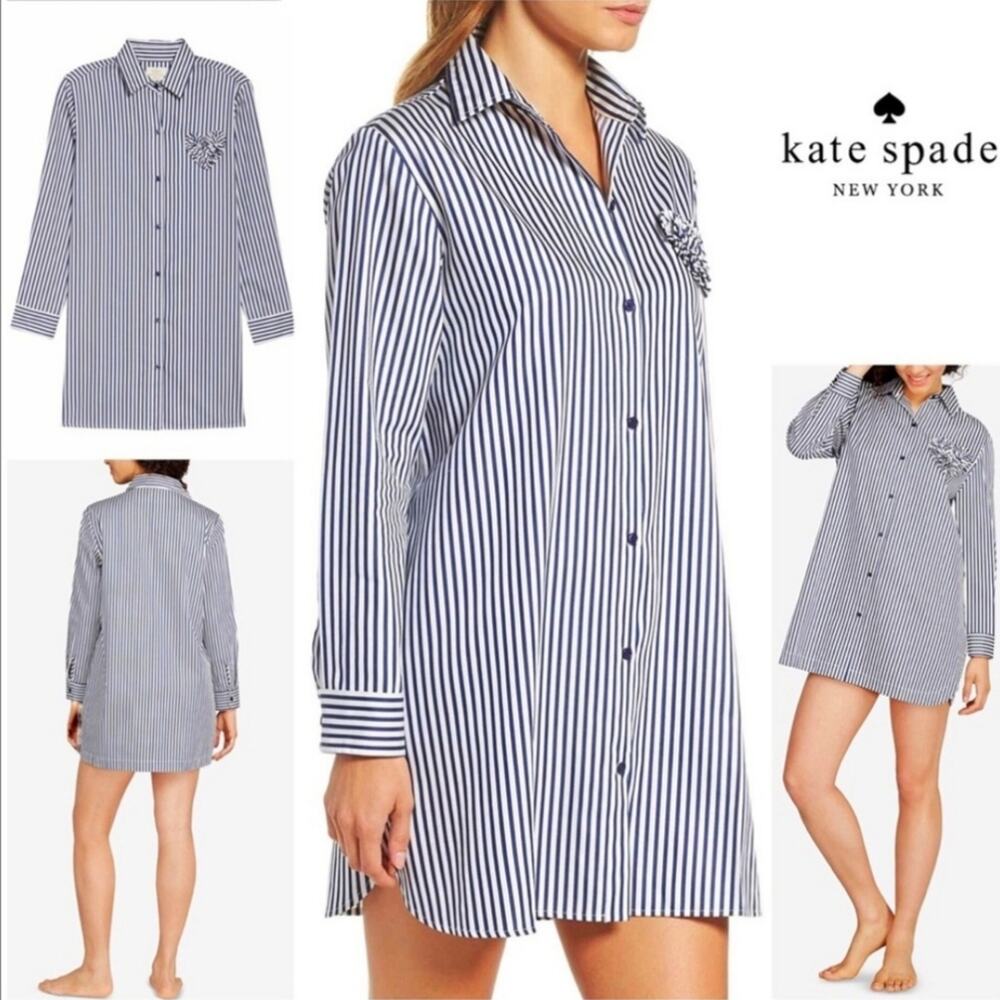 Kate Spade Pinstriped Heart Pocket Sleep Shirt Women's Size S